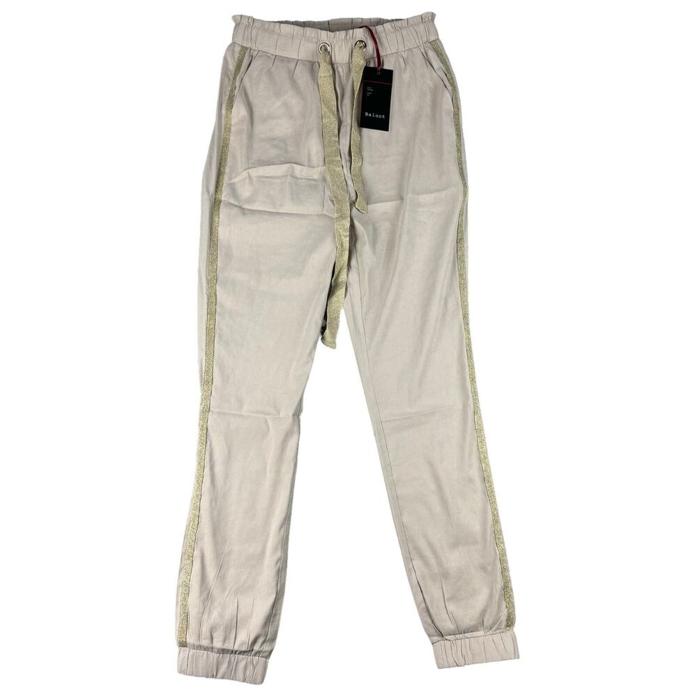 Baloot Jogger Pants Women Small Beige Gold Glitter Shimmer Side Stripe Track NWT